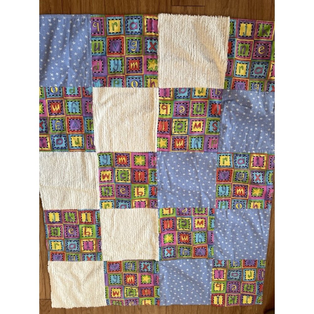 Handmade Baby Blanket Quilt Chenille Alphabet Colorful Clean 33” X 41”
